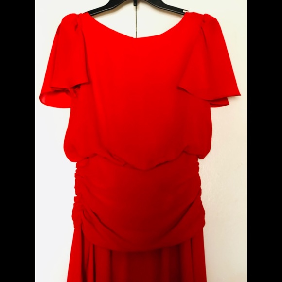 Vintage Red Flared Dress Sz M Chiffon Gathered Design Chic - Picture 7 of 14